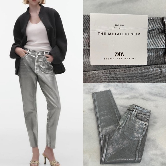 ZARA The Metallic Slim Silver Foil Jeans NWT - Picture 1 of 15